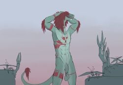 abs absurd_res anthro arm_tuft athletic athletic_male balls bullchicken casual_nudity collarbone colored covered_eyes darkened_genitalia elbow_tuft fangs flaccid foreskin fur genitals green_balls green_body green_penis hair hair_over_eyes hand_on_head hi_res humanoid_genitalia humanoid_penis lizard long_tail male navel nude nude_male open_mouth outdoor_nudity outside penis plant portrait red_body red_fur red_hair reptile saggy_balls scalie shaded simple_background solo standing tail tail_tuft tattoo teeth three-quarter_portrait tuft uneven_balls unknown_species unretracted_foreskin