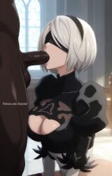 1boy 1girls 2b_(nier:automata) ai_generated aisuyuni ballsack big_penis blacked blindfold blowjob cheating cheating_female cheating_girlfriend cheating_wife cleavage cuckold cuckolding dark-skinned_male interracial netorare nier:_automata ntr penis silver_hair sucking_penis yorha_2b