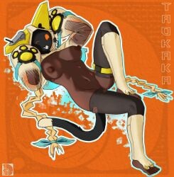 absurd_res accessory animal_humanoid arc_system_works areola blazblue blue_ribbon braided_hair brown_body brown_skin cat_humanoid cat_tail clothed clothing digital_media_(artwork) dipstick_tail felid felid_humanoid feline feline_humanoid female footwear genitals hair hair_accessory hair_ribbon hi_res hoodie humanoid kaka_(blazblue) leg_warmers legwear looking_at_viewer mammal mammal_humanoid markings mooncat786 one_eye_closed open_clothing partially_clothed ribbons shadow_face smile smiling_at_viewer socks solo stockings tail tail_markings taokaka teeth topwear torn_clothing torn_legwear torn_stockings translucent translucent_clothing white_tail_tip wink winking_at_viewer