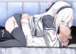 1boy age_difference black_hairband black_thighhighs blue_archive blush closed_eyes clothed_sex clothes_lift commentary_request cowgirl_position face-to-face faceless faceless_male female french_kiss from_side grey_skirt hairband halo heart hug implied_ejaculation jacket kei_(blue_archive) kei_(new_body)_(blue_archive) kissing long_hair long_sleeves paid_reward_available pink_halo rectangular_halo revision saliva sensei_(blue_archive) sex shirt skirt skirt_lift sound_effects straddling straight thighhighs togetoge_(jakusanseimk2) variant_set white_hair white_jacket white_shirt