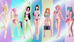 3d big_breasts bikini boa_hancock carrot carrot_(one_piece) catburglaraerin female female_only koikatsu kozuki_hiyori long_hair nami nico_robin one_piece open_toe_shoes orange_hair perona post-timeskip rainbow_bikini sunglasses sunglasses_on_head tinted_eyewear vinsmoke_reiju wallpaper