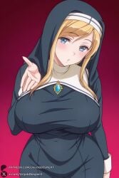 1female 1girls 2026 ai_generated artist_name bangs big_ass big_breasts black_dress blonde_hair blue_eyes blush breasts covered_navel curvy dress female gradient gradient_background habit hi_res high_quality high_resolution highres huge_ass huge_breasts iya_na_kao_sare_nagara_opantsu_misete_moraitai jewelry large_breasts long_hair long_sleeves looking_at_viewer necklace nun open_mouth patreon patreon_username red_background solo sweat takayama_maria unjobdespiert watermark web_address