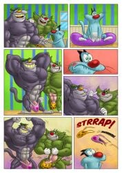 animal_print anthro anthro_only blush bulge character_request comic comic_panel feline flexing_muscles furryrevolution handshake heart_print jack_(oggy_and_the_cockroaches) male_focus male_only muscle_size_difference muscles oggy oggy_and_the_cockroaches posing ripped_clothing ripped_underwear size_difference thong