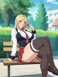 1girls academy_uniform_(bible_black) accurate_art_style ai_generated arm_support ass ass_bigger_than_head ass_support bench bible_black big_breasts blonde_hair blue_sky blush bottom_heavy breasts candy city_background clothing crossed_legs day drill_sidelocks earrings enigmata female female_focus female_only flirting flirting_with_viewer food fully_clothed green_eyes hi_res high_resolution highres holding_object long_hair looking_at_viewer necktie outdoors park pinup pleated_skirt road school_uniform schoolgirl seducing seducing_viewer shiny_skin shiraki_rika sidelocks sitting skirt smile solo solo_focus source_request stockings student_council_president suspenders teasing teasing_viewer teenage_female teenager thick_ass thick_thighs thighhighs thighs very_long_hair vest viewed_from_below voluptuous