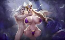 1boy1girl ahegao ai_generated angry arena_of_valor big_ass bikini blonde_hair choking crown curvy dramatic_lighting fantasy fog from_behind golden_crown hand_on_neck hetero huge_breasts ilumia_(arena_of_valor) long_hair mask micro_bikini muscular_male neck_grab purple_bikini purple_theme smoke strangling struggle tongue_out voluptuous white_hair