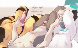 amazinky ambiguous_gender andrew_(amazinky) arthropod balls bee black_body blue_body blue_fur caressing chastity_cage chastity_device curling_toes dialogue edging feet femboy fur genitals grey_body grey_fur group group_sex hi_res hymenopteran insects jaiden_(radiown) kuniz_(character) male male/male masturbation multiple_subs multiple_subs_one_dom orgasm_denial sex shaking simple_background sounding_rod strap-on_over_chastity strapon strapon_over_chastity stroking_dildo submissive submissive_male tease_and_denial teasing threesome torment tremble_spikes trembling trio urethral white_body white_fur yellow_body