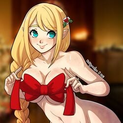 1girls aqua_eyes blonde_hair blurry_background braid breasts christmas christmas_elf elf elf_ears female female_only freckles hair_ornament heart-shaped_pupils hi_res holly_(kinkymation) kinkymation long_hair looking_at_viewer mistletoe nude nude_female pointy_ears ribbon ring smiling smiling_at_viewer solo solo_female upper_body wholesome