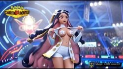 1girl 3d ai_generated animated breasts breasts_out caraway_(pokemon) censored dark-skinned_female dark_skin exhibitionist female gloves greeting human_female long_hair long_hair_female long_sleeves multicolored_hair nintendo pasties pokeball pokegirl pokemon pokemon_champions public public_nudity red_eyes shorts stadium tagme the_pokemon_company tits tits_out video white_shorts white_sleeves yallahs80