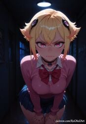 2026 ai_generated anime bangs black_choker blonde_hair blue_skirt blush bow bowtie breasts capella_emerada_lugunica choker cleavage closed_mouth collarbone collared_shirt crossed_bangs crossover eye_contact eyelashes female female_focus female_only flushed hair_accessory hair_between_eyes hair_ornament hallway hands_on_own_thighs heart_choker highres huge_breasts indoors inside large_breasts leaning_forward lips long_sleeves looking_at_viewer medium_breasts miniskirt multicolored_hair neutral_expression night nsfw patreon pink_eyes pink_sweater pleated_skirt re:zero_kara_hajimeru_isekai_seikatsu red_bow red_bowtie rognezart school_uniform shirt short_hair skirt solo sweat sweatdrop sweater sweaty v-shaped_eyebrows white_shirt