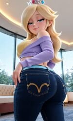 3d ai_generated arm_at_side ass_focus belt big_ass big_breasts big_butt blonde_hair blue_belt blue_eyes carpet cleavage crown dark_jeans denim_jeans from_behind from_below indoors jeans lavender_sweater looking_at_viewer mario_(series) nintendo pixelator42 pose princess_rosalina purple_sweater realistic_textures seraphim_ai silver_crown super_mario_galaxy thick_thighs tight_jeans yellow_bra
