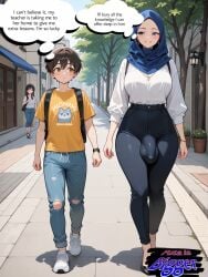 ai_generated big_balls big_penis bulge bulge_through_clothing flaccid flaccid_penis front_view futa_with_male futanari hijab penis_bulge student teacher walking