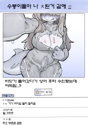 2026 after_transformation anthro aquatic ball_bulge balls blush breasts bulge clothed clothing comment fingers fish genitals grey_body gynomorph hair hi_res implied_transformation intersex korean_text looking_at_viewer penis shark shark_tail snout solo standing tail text thick_tail thick_thighs torn_clothing transformation xeppir