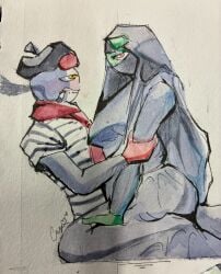 1boy 1boy1girl beret cigarette countryhumans countryhumans_girl cowgirl_position cry_crystally female france_(countryhumans) green_skin hijab niqab saudi_arabia_(countryhumans) striped_shirt tagme
