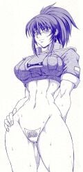 1girls aqua_eyes blue_hair bondage boots bottomless brazilian brazilian_female breasts chains cleavage collar cropped_jacket female gloves hi_res highres ikari_warriors king_of_fighters latina latina_female leona_heidern looking_at_viewer medium_breasts metal_slug naked_jacket navel ponytail shd sitting snk solo
