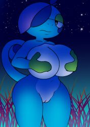 big_breasts big_thighs bjarruafterdark blue_skin covered_nipples drizzile emo exposed_pussy exposed_stomach fins hand_on_breast large_breasts large_thighs lizard lizard_girl lizard_humanoid lizard_tail pokemon pokemon_(species) pokemon_ss round_head scalie tail underbelly white_skin