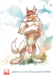 2023 anthro arm_tuft balls black_eyebrows canid canine canis chin_tuft chocolateandmilk dated ear_piercing ear_ring elbow_tuft eyebrows facial_tuft flaccid foreskin front_view fur genitals grey_body grey_fur grin head_tuft hi_res humanoid_genitalia humanoid_penis male male_anthro mammal nude orange_eyes penis piercing ring_piercing signature smile solo standing tuft white_balls white_body white_fur white_penis wolf