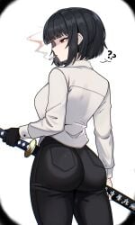 ass back_view black_gloves black_hair cigarette cigarette_in_mouth cigarette_smoke enhanced_breasts female female_focus female_only formal formal_attire formal_clothes formal_wear fully_clothed gloves katana limbus_company m_ayonessa pale-skinned_female pale_skin project_moon question_mark red_eyes ryoshu_(limbus_company) ryoshu_(project_moon) short_hair smoking sole_female