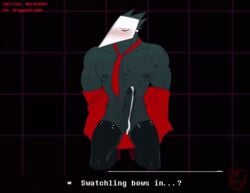 2021 2d abs animated anthro avian balls big_muscles big_penis black_background blush bodily_fluids closed_eyes clothed clothing cum cumshot darkner deltarune dragonclaw36 ejaculation english_text erection front_view genital_fluids genitals geometric_background gif grid_background hands-free humanoid_genitalia humanoid_penis legwear loop male mask muscular muscular_anthro muscular_male narrowed_eyes navel necktie nipples open_clothing pattern_background pecs penis presenting presenting_penis short_playtime simple_background solo spontaneous_ejaculation swatchling_(deltarune) text thigh_highs throbbing throbbing_balls throbbing_penis undertale_(series) undressing url video_games