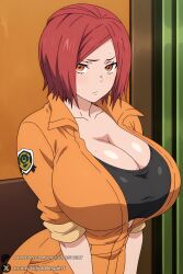 1female 1girls 2026 ai_generated artist_name big_ass big_breasts breasts brown_eyes brown_hair cleavage closed_mouth collarbone curvy enen_no_shouboutai female fire_force hi_res high_quality high_resolution highres huge_ass huge_breasts jumpsuit lisa_isaribi looking_at_viewer orange_eyes patreon patreon_username red_hair shirt short_hair solo sweat unjobdespiert watermark web_address