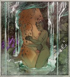 anthro balls border braided_hair breasts closed_eyes digital_media_(artwork) duo embrace female flower fur gammelgaedda genitals gnoll green_body green_skin gynomorph gynomorph/female hair hand_on_butt hot_spring humanoid humanoid_genitalia hyaenid intersex intersex/female long_hair mammal muscular muscular_anthro muscular_gynomorph muscular_intersex nipples nude orc orc_female outside partially_submerged penis plant retracted_foreskin scar shaved_sides smile water waterfall