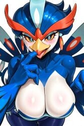 1anthro 1female 1girls ai ai_generated anthro anthro_only avian avian_humanoid beak big_breasts bird bird_girl bird_humanoid blue_body blue_eyes blue_feathers blue_tail blush breasts close-up duck duck_girl earings empty_background feathered_wings feathers female_only finger_in_mouth front_view frosting.ai game_freak generation_9_pokemon hand_in_mouth leaning leaning_forward lipstick lipstick_on_beak looking_at_viewer multicolored_tail nintendo orange_beak peacock pokemon pokemon_(species) quaquaval red_lipstick seductive seductive_eyes seductive_look solo tail thick_thighs thighs winged_arms winged_hands yellow_sclera