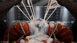 1girls asari awake big_breasts blue_eyes blue_skin cleavage close-up cum cum_drip cum_in_mouth cum_on_breasts cum_on_face cum_on_hand cum_string drool drool_on_face drool_string drooling mass_effect open_eyes open_hand rotosama samara startled