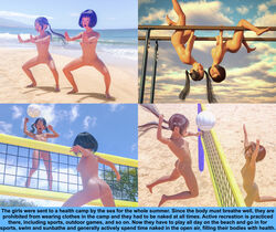 2girls absurd absurd_res absurdres ass barefoot beach beach_volleyball black_hair breasts casual clouds completely_nude completely_nude_female english_text exercise female human jumping long_hair multiple_girls navel nude nudist ocean original pale_skin playing pussy sand sea short_hair sky sport spread_legs twintails upside-down volleyball volleyball_(ball) volleyball_net