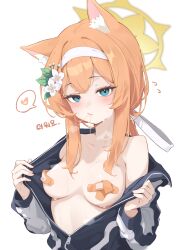 1girls animal_ears bare_shoulders blue_archive blue_eyes blush breasts female female_focus female_only hair_in_mouth jacket jacket_open long_hair looking_at_viewer mari_(blue_archive) mawe nipple_pasties open_jacket orange_hair pasties seductive small_breasts solo standing steam steaming_body strawberry_blonde_hair sweat topless unzipped_jacket