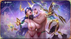1boy 1girl ahegao ai_generated angry arena_of_valor bell big_ass bikini blue_hair choking christmas confetti curvy dramatic_lighting fantasy from_behind glasses hand_on_neck hetero huge_breasts long_hair micro_bikini mistletoe muscular_male neck_grab open_mouth purple_background red_bikini santa_hat star_pasties strangling struggle tongue_out veres_(arena_of_valor) voluptuous white_hair zata_(arena_of_valor)