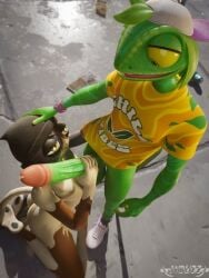 angle anthro backwards_baseball_cap backwards_hat baseball_cap beanie beanie_only bracelet calico_cat clothed clothed/nude clothing domestic_cat duo epic_games felid feline felis footwear fortnite green_body half_naked hand_on_head hat hat_only headgear headgear_only headwear headwear_only high-angle_view jaiblizz jewelry kneeling lizard male male/male mammal meow_skulls_(fortnite) mostly_nude nude reptile scalie shirt shoes smile standing street stroking_penis topwear ziggy_(fortnite)