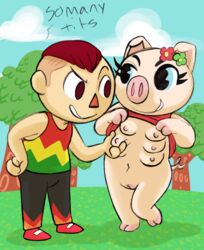 animal_crossing annie-mae anthro breasts clothed clothing clothing_lift domestic_pig dress dress_lift duo female gala_(animal_crossing) genitals hooves human mammal multi_breast nature nature_background navel nintendo plant pussy suid suina sus_(pig) tree twintails video_games villager_(animal_crossing)