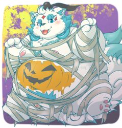 2021 agyou anthro asian_mythology balls belly big_balls blue_body blue_eyes blush clothing east_asian_mythology foo_dog genitals halloween halloween_costume hamatnk hat headgear headwear hi_res holidays japanese_mythology kemono komainu lifewonders male mammal moobs mummy_costume mythology nipples obese obese_male overweight overweight_male sitting solo tokyo_afterschool_summoners tongue tongue_out video_games white_body yōkai