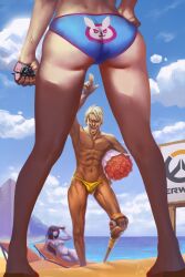 1boy 2016 2girls angry annoyed artist_request ass ass_focus beach bikini blonde_hair d.va flower flowers highres junkrat outside overwatch prosthetic prosthetic_leg rose_(flower) roses sand swimsuit widowmaker