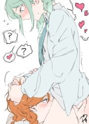 2girls ? between_legs blue_necktie braid commentary_request cunnilingus female female_only green_hair hand_on_another's_head hands_on_another's_head heart highres love_live! love_live!_superstar!! multiple_girls necktie onitsuka_tomari oral orange_hair red_eyes shibuya_kanon shirt signature spoken_heart spoken_question_mark standing_cunnilingus surfacedxxc twin_braids white_shirt yuri