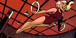 acrobatic acrobatics arena athletic athletic_female barefoot batman_(series) blonde_hair breasts circus closed_eyes comic crowd crowd_watching dc_comics edited_art edited_official_artwork feet female female_focus female_only gymnastic_rings gymnastics harley_quinn height in_flight inside leotard lipstick long_hair medium_breasts one-piece_swimsuit open_mouth rings smile toes villainess western_art