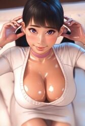 ai_generated asian asian_female asian_girl before_oral blunt_bangs blush bouncing_breasts bustybunz choker cleavage hair_grab handlebars imminent_oral jiggle jiggle_physics pink_lips pov purple_eyes shiny_breasts suggestive tagme twintails video