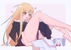 3girls ^_^ ahoge aly_(eshikidori) bare_shoulders barefoot black_hair black_shirt blonde_hair blush bottomless bracelet cho_kaguya-hime! closed_eyes commentary cunnilingus grey_hair hair_bun hair_ornament hair_rings hair_stick hand_on_another's_thigh hand_on_own_chin heart heavy_breathing hickey highres jewelry kaguya_(cho_kaguya-hime!) long_hair looking_at_another looking_down multicolored_hair multiple_girls off_shoulder open_mouth oral pink_hair red_eyes runami_yachiyo sakayori_iroha shirt short_sleeves single_hair_bun sitting tongue tongue_out twintails two-tone_hair white_shirt yuri