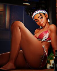 1girls 3d 3d_(artwork) barefoot black_hair bra brown_eyes capcom cleavage ear_piercing earrings feet female female_only hair headband headwear lily_hawk lips medium_breasts pink_bra pink_shorts rougenine short_shorts shorts solo solo_female street_fighter thick_thighs thighs toenails topwear twin_drills