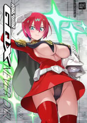 1girls amate_yuzuriha blush breasts breasts_out cleavage cosplay digital_accel_works erect_nipples erect_nipples_under_clothes female gundam gundam_gquuuuuux inazuma_(artist) japanese_text light-skinned_female light_skin military_uniform panties red_hair satou_shouji skirt teal_eyes