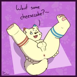 animal_genitalia anthro anus ass ass_up backsack balls cake canid canine canis cheesecake dessert domestic_dog english_text food footprint fur fur_markings genitals hi_res high-angle_view hoichi legs_up looking_at_viewer male mammal markings nordic_sled_dog one_eye_closed open_mouth open_smile pattern_background pawpads pawprint pawprint_background presenting presenting_hindquarters purple_background ryothefloofeon samoyed sheath simple_background smile solo spitz tail tan_body text wink winking_at_viewer