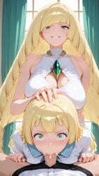 1boy 2women ai_generated blonde_hair cleavage deepthroat_no_hands forced_oral green_eyes lillie_(pokemon) lusamine_(pokemon) sex_slave training