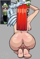 2d 2d_(artwork) annoyed ass ass_focus asshole big_ass breasts drivingbearr feet female female_focus female_only glasses hat looking_at_viewer looking_back mask masked nipples pussy pussy_lips red_hair reference_image roblox roblox_avatar robloxian