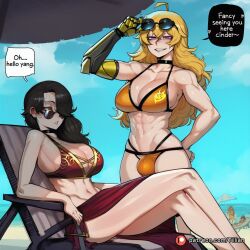 abs ai_generated beach bikini black_hair blonde_hair breasts bulge cinder_fall english_text futanari large_breasts multiple_girls muscular muscular_female patreon_username prosthesis prosthetic_arm rwby single_mechanical_arm sunglasses swimsuit tillian umbrella yang_xiao_long