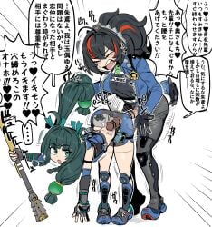 2girls android ass bent_over bike_shorts black_gloves black_hair blue_jacket blush breasts check_translation checkered_necktie closed_eyes clothed_sex crop_top doggy_style futa_with_female futanari gloves grabbing_another's_hair green_eyes green_hair hair_ornament hairband height_difference high-waist_pants highres holding_another's_hair jacket knee_guards large_breasts long_hair metal_hairband midriff multicolored_hair multiple_girls necktie open_mouth orange_streaks pants penis polearm police police_badge police_uniform policewoman ponytail qingyi_(zenless_zone_zero) red_streaks sex sex_from_behind shoes shouting sidelocks spanking speech_bubble sphere_hair_ornament standing standing_sex streaked_hair tetugakuzonbi tight_clothes tight_pants translation_request twintails weapon x-ray zenless_zone_zero zhu_yuan