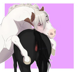 ambiguous_gender anatomically_correct anatomically_correct_genitalia anatomically_correct_pussy animal_genitalia animal_pussy ass closed_eyes duo embrace equid equine equine_pussy female female/ambiguous feral genitals happy holding_butt horse kamilazu mammal nude pussy rear_view simple_background smile