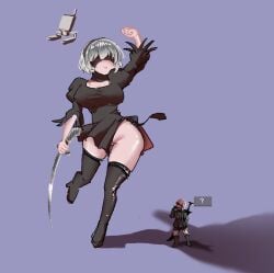 1boy 1girls big_breasts black_blindfold black_hairband black_jacket blindfold bob_cut breasts clothing female giantess hairband hyooo469068 jacket larger_female light-skinned_female light-skinned_male light_skin macro male micro nier nier:_automata pod_(nier) puffy_sleeves purple_background question_mark short_hair size_difference smaller_male sword sword_in_hand sword_on_back thighhighs weapon weapon_in_hand white_hair yorha_2b yorha_9s