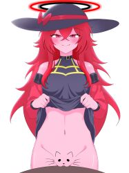 1girls arm_warmers belly big_breasts black_dress black_hat bottomless choker clitoris collar detached_sleeves do_you_want_to_pet_my_cat_(meme) drawing_on_body fangs friday_night_funkin friday_night_funkin_mod halo lifting_own_clothes lifting_shirt lirusapphire long_hair meme midriff narrow_waist navel pelvic_line pink_skin pussy pussy_lips pussy_peek red_eyes red_hair red_ribbon ribbon smile smug sun_hat table table_humping table_sex thick_thighs thighs zetolegacy