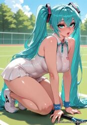 2026 ai_generated anime aqua_eyes aqua_hair bare_shoulders blush breasts cleavage crossover day eye_contact female female_focus female_only flushed hair_between_eyes hatsune_miku highres huge_breasts large_breasts long_hair looking_at_viewer moaning nsfw open_mouth outdoors patreon racket rognezart shiny shiny_skin shoes skirt sky sneakers solo sportswear sweat sweaty tennis_racket tennis_uniform thick_thighs thighs tree twintails very_long_hair vocaloid