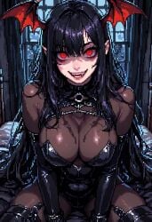 ai_generated bed bustybunz cleavage clothing crazy crazy_eyes goth huge_breasts long_hair stockings succubus tagme tight vampire vampire_girl