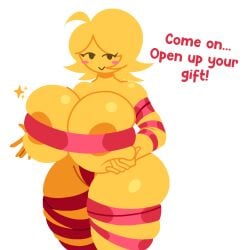 1girls big_breasts chagoz ema_(emoji) emoji emoji_(race) gift_wrapped massive_breasts wrapped wraps yellow_hair yellow_skin